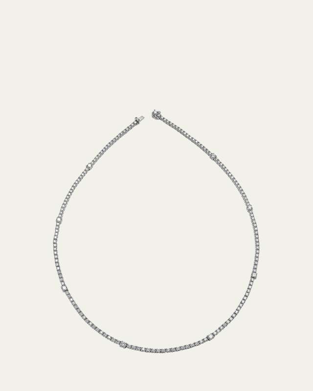 18K White Gold Pavé Riviera Necklace with Diamond Stations, 16"L